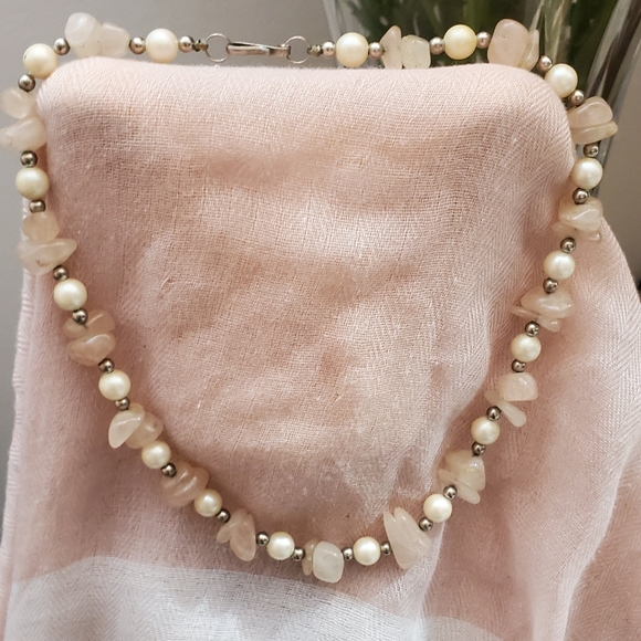 VINTAGE GENUINE ROSE QUARTZ & PEARL NECKLACE - Picture 1 of 8